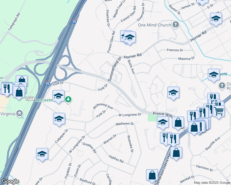 map of restaurants, bars, coffee shops, grocery stores, and more near 1859 Cedar Cove Way in Woodbridge