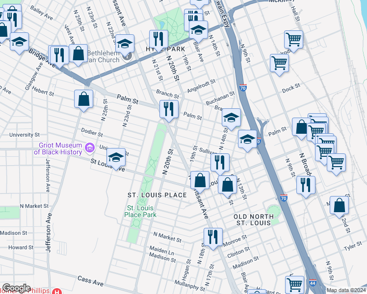 map of restaurants, bars, coffee shops, grocery stores, and more near 1926 Sullivan Avenue in St. Louis