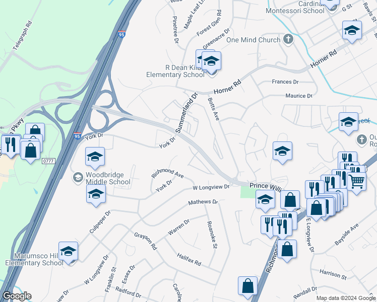 map of restaurants, bars, coffee shops, grocery stores, and more near 1859 Cedar Cove Way in Woodbridge