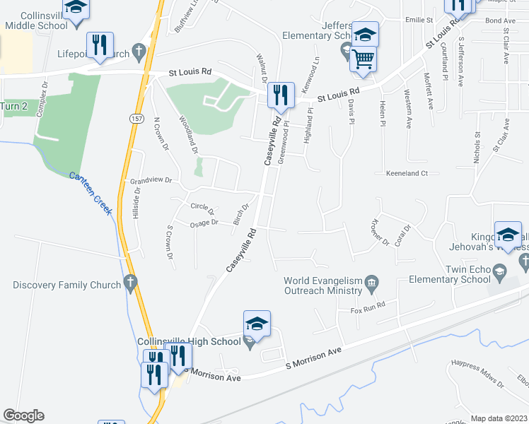 map of restaurants, bars, coffee shops, grocery stores, and more near 631 Greenwood Place in Collinsville