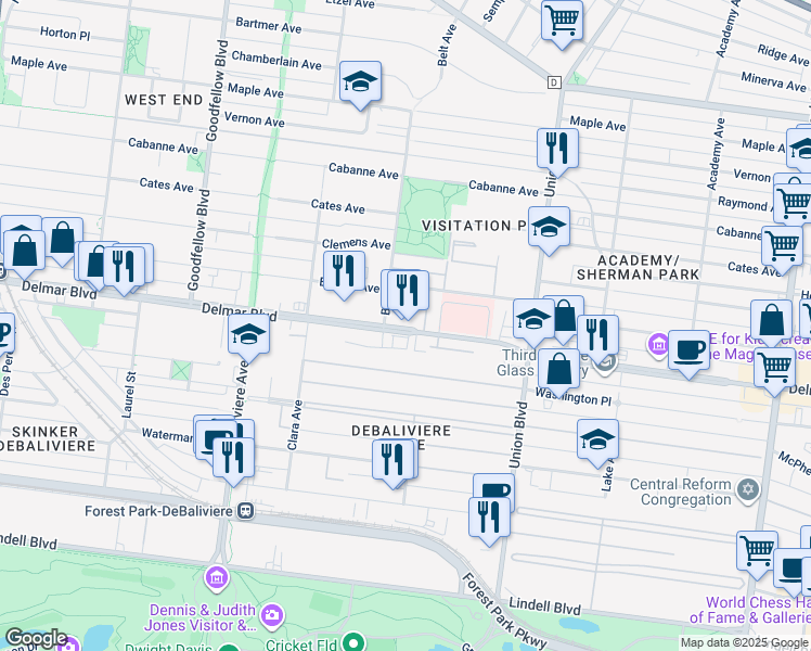 map of restaurants, bars, coffee shops, grocery stores, and more near 5457 Delmar Boulevard in St. Louis
