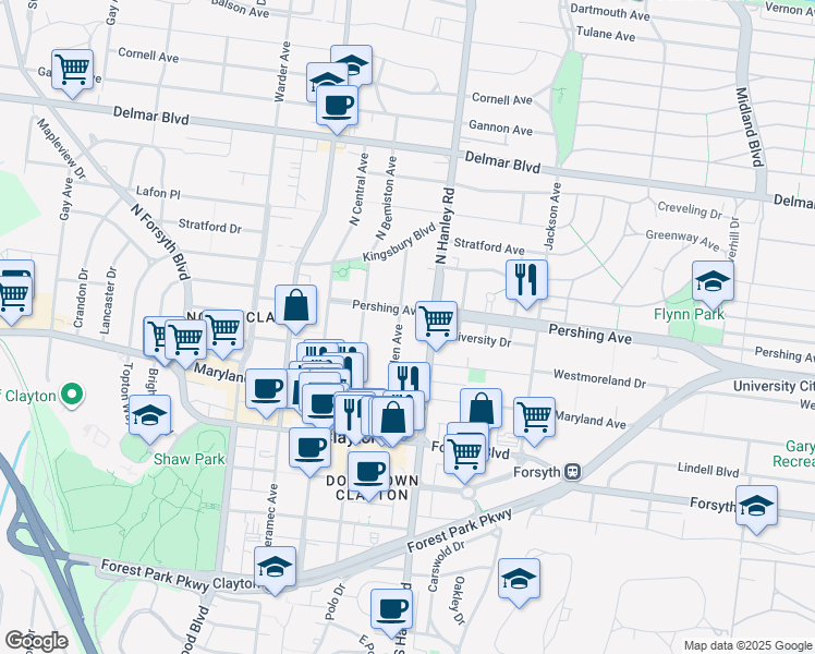 map of restaurants, bars, coffee shops, grocery stores, and more near 150 Linden Avenue in St. Louis