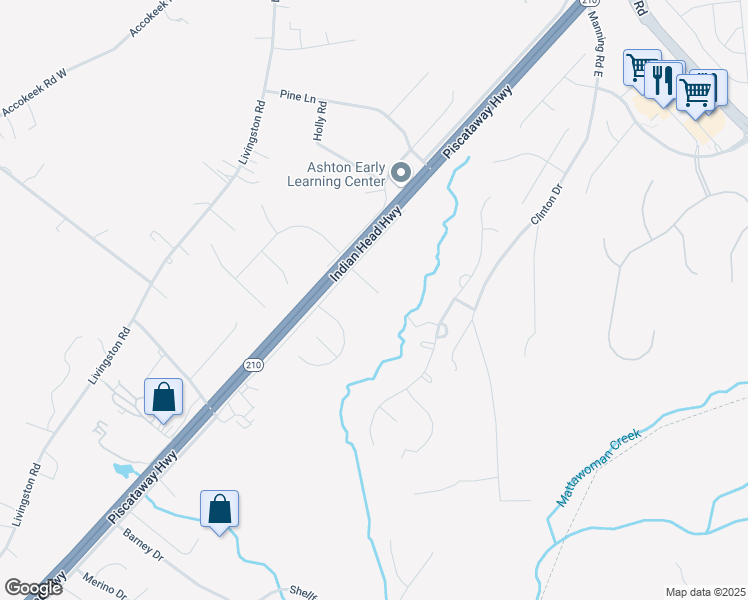 map of restaurants, bars, coffee shops, grocery stores, and more near 1102 Caskadilla Lane in Accokeek