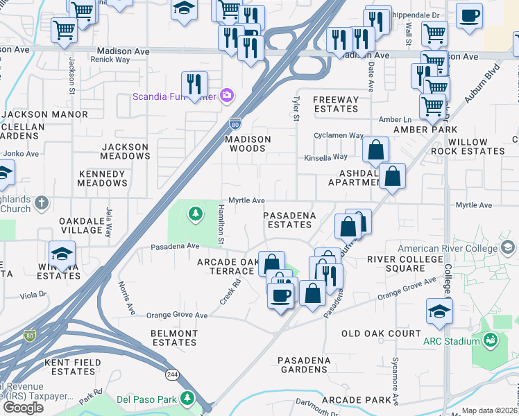 map of restaurants, bars, coffee shops, grocery stores, and more near 4843 Paladena Street in Sacramento