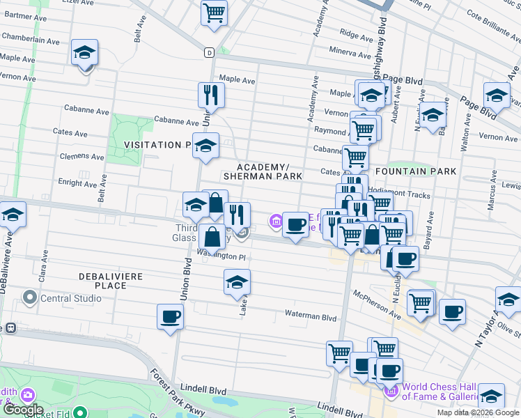 map of restaurants, bars, coffee shops, grocery stores, and more near 5145 Enright Avenue in St. Louis