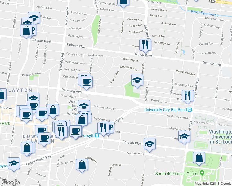 map of restaurants, bars, coffee shops, grocery stores, and more near 7327 Pershing Avenue in University City