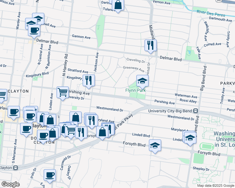 map of restaurants, bars, coffee shops, grocery stores, and more near 7327 Pershing Avenue in University City