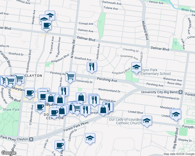 map of restaurants, bars, coffee shops, grocery stores, and more near 7386 Pershing Avenue in St. Louis