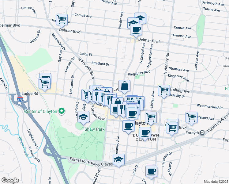 map of restaurants, bars, coffee shops, grocery stores, and more near 152 North Brentwood Boulevard in Clayton