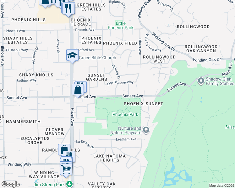 map of restaurants, bars, coffee shops, grocery stores, and more near 4800 Runway Drive in Fair Oaks
