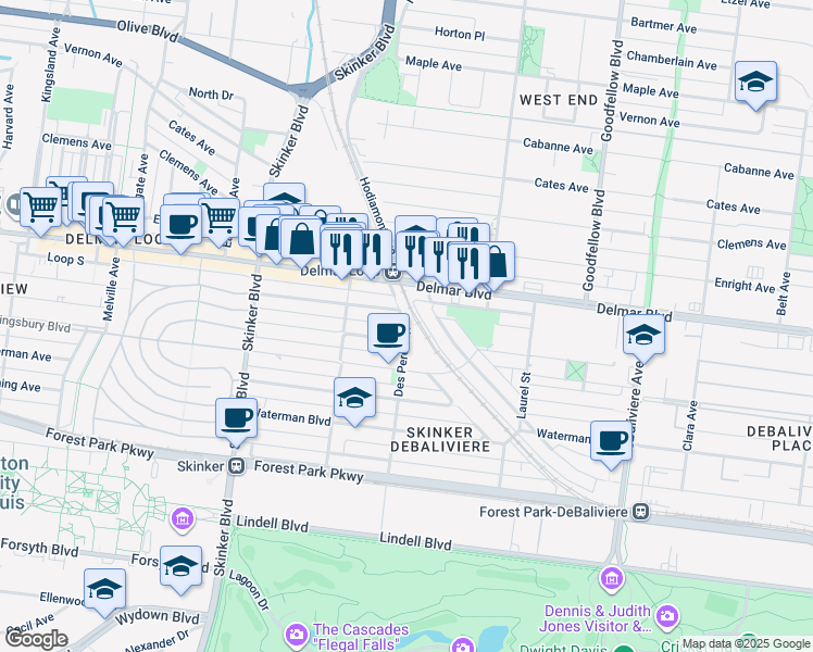 map of restaurants, bars, coffee shops, grocery stores, and more near 518 Des Peres Avenue in St. Louis