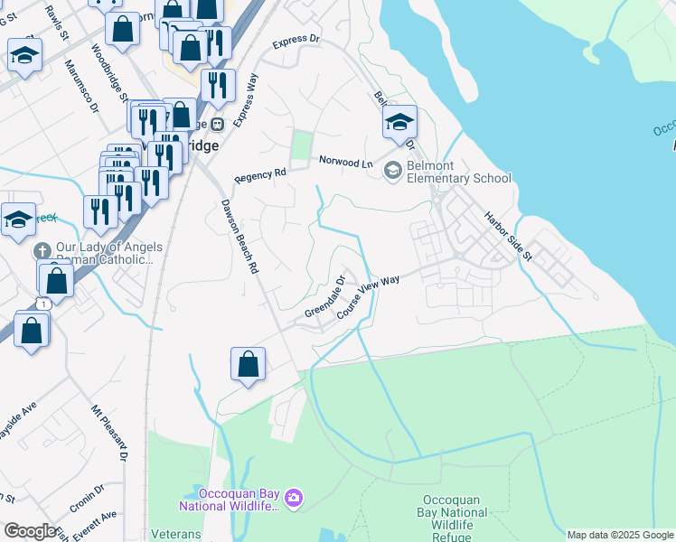map of restaurants, bars, coffee shops, grocery stores, and more near 13868 Greendale Drive in Woodbridge