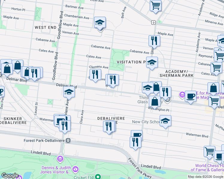 map of restaurants, bars, coffee shops, grocery stores, and more near 5457 Delmar Boulevard in St. Louis