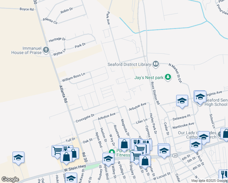 map of restaurants, bars, coffee shops, grocery stores, and more near 1123 Magnolia Drive in Seaford