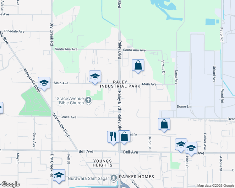 map of restaurants, bars, coffee shops, grocery stores, and more near 4725 Raley Boulevard in Sacramento