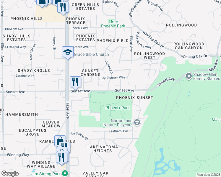 map of restaurants, bars, coffee shops, grocery stores, and more near 4800 Runway Drive in Fair Oaks