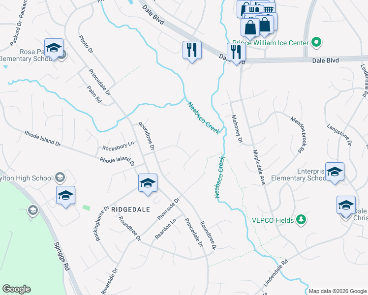 map of restaurants, bars, coffee shops, grocery stores, and more near 5570 Rowser Drive in Woodbridge