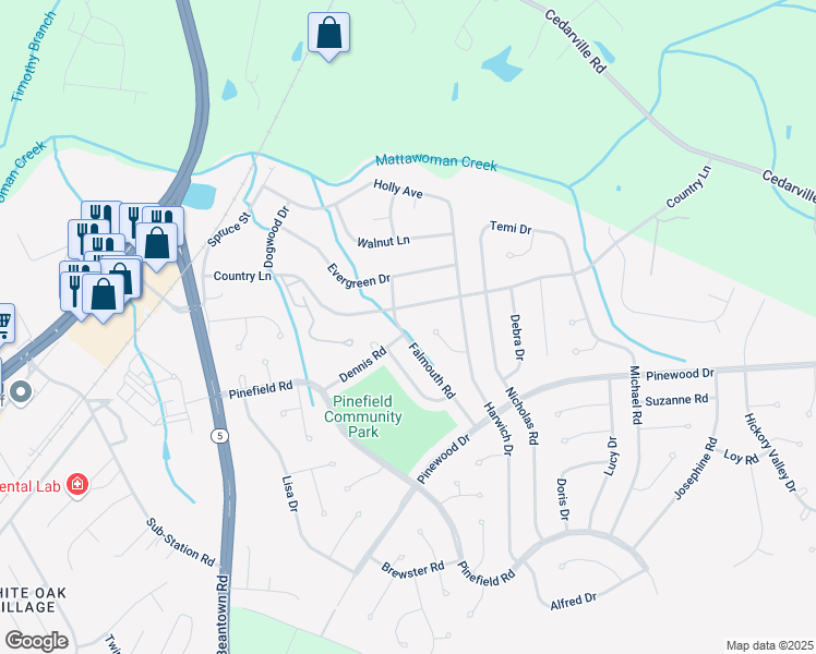 map of restaurants, bars, coffee shops, grocery stores, and more near 1103 Falmouth Road in Waldorf