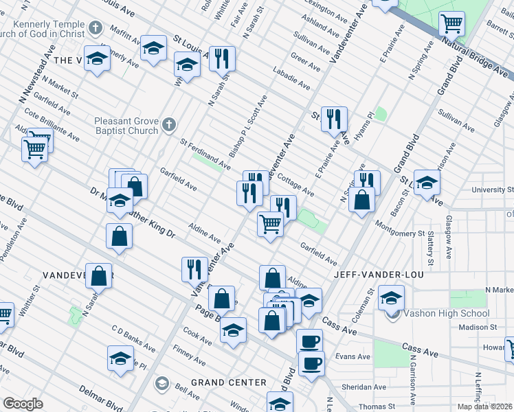 map of restaurants, bars, coffee shops, grocery stores, and more near 1924 Vandeventer Avenue in St. Louis