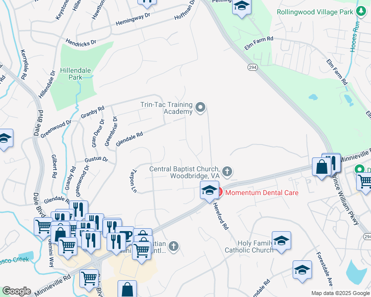 map of restaurants, bars, coffee shops, grocery stores, and more near 13820 Andorra Drive in Woodbridge