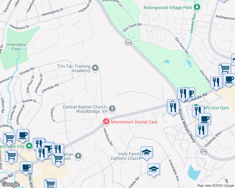 map of restaurants, bars, coffee shops, grocery stores, and more near 13920 Minnieville Road in Woodbridge