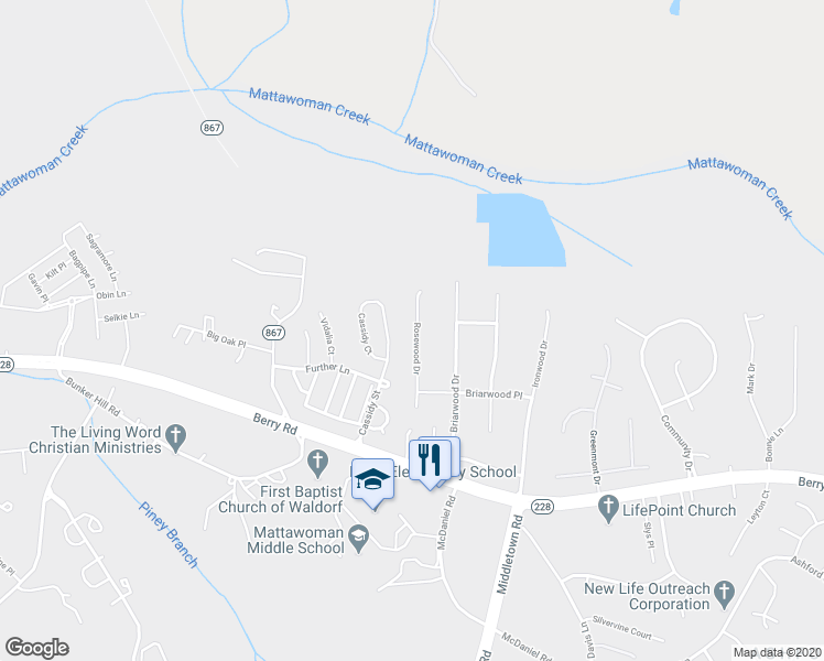 map of restaurants, bars, coffee shops, grocery stores, and more near 2013 Rosewood Drive in Waldorf