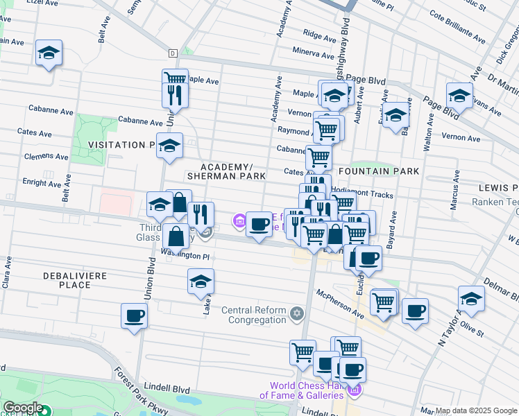 map of restaurants, bars, coffee shops, grocery stores, and more near 811 Academy Avenue in St. Louis