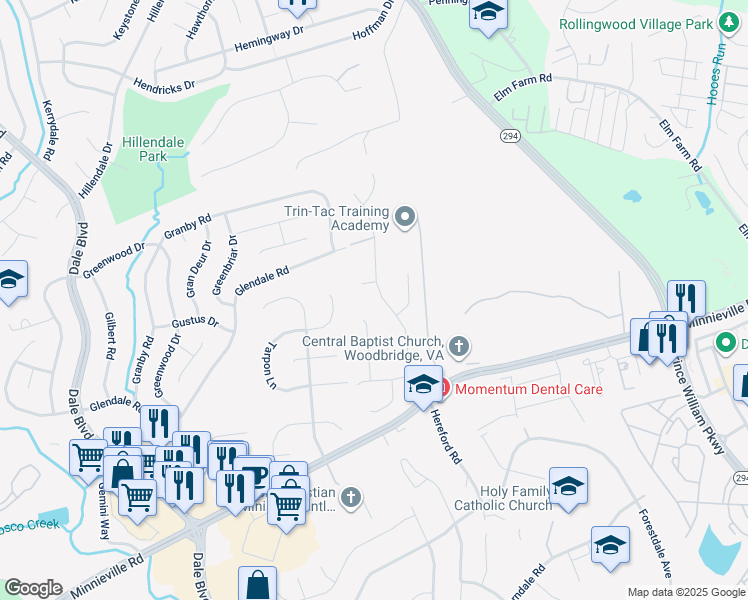 map of restaurants, bars, coffee shops, grocery stores, and more near 13820 Andorra Drive in Woodbridge