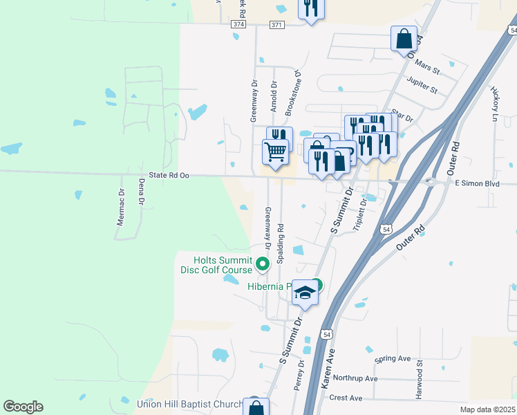 map of restaurants, bars, coffee shops, grocery stores, and more near Greenway Drive in Holts Summit