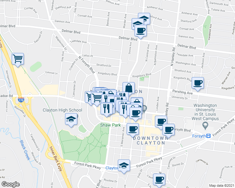 map of restaurants, bars, coffee shops, grocery stores, and more near 152 North Brentwood Boulevard in Clayton