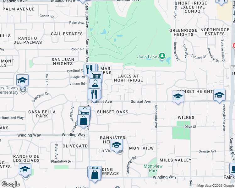 map of restaurants, bars, coffee shops, grocery stores, and more near 7529 Sunset Avenue in Fair Oaks