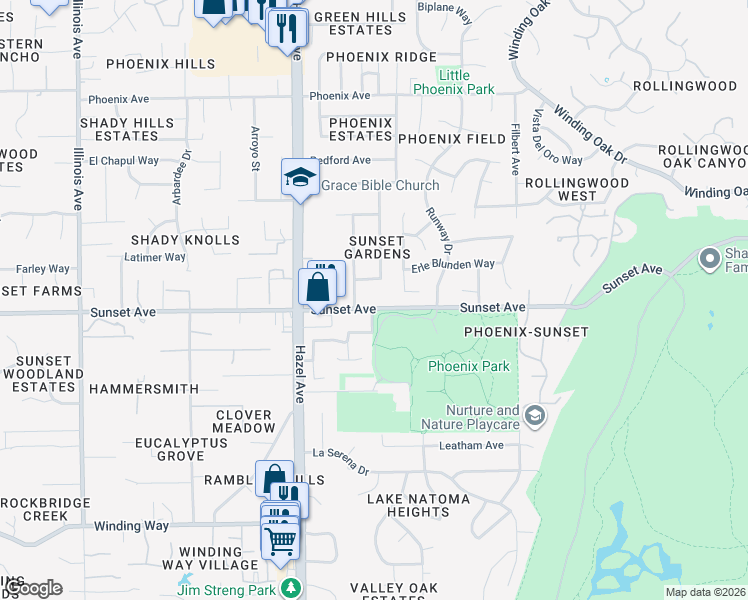 map of restaurants, bars, coffee shops, grocery stores, and more near 8961 Sunset Avenue in Fair Oaks