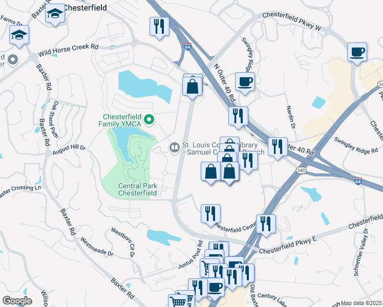 map of restaurants, bars, coffee shops, grocery stores, and more near 700 Chesterfield Parkway West in Chesterfield