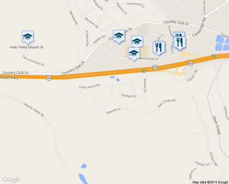 map of restaurants, bars, coffee shops, grocery stores, and more near 5015 Sagan Court in Cameron Park