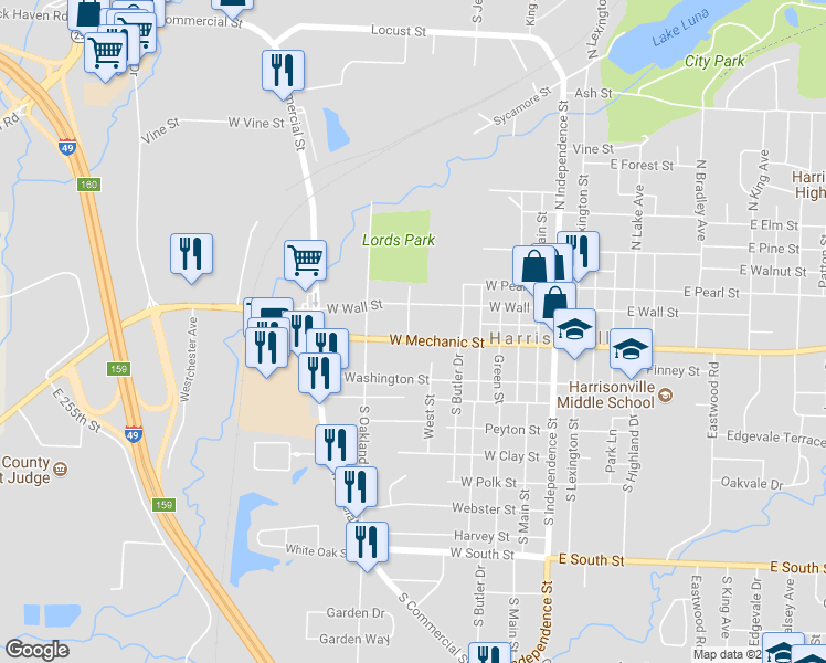 map of restaurants, bars, coffee shops, grocery stores, and more near 706 West Mechanic Street in Harrisonville