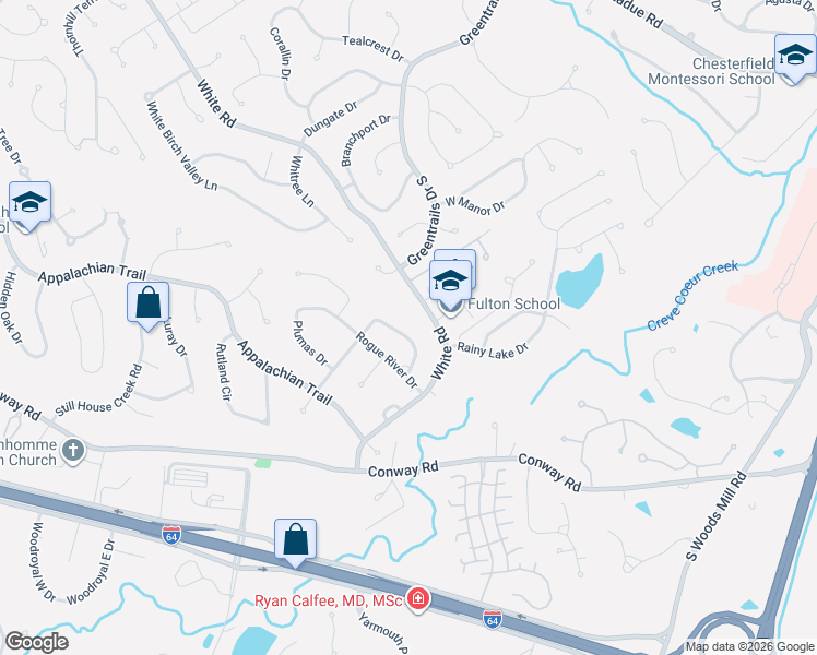 map of restaurants, bars, coffee shops, grocery stores, and more near 14555 Coeur Dalene Court in Chesterfield