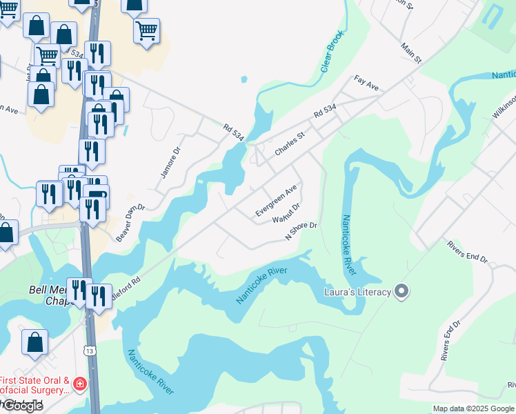 map of restaurants, bars, coffee shops, grocery stores, and more near 9701 Evergreen Avenue in Seaford