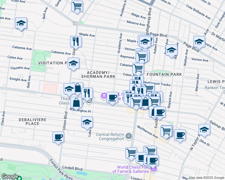 map of restaurants, bars, coffee shops, grocery stores, and more near 811 Academy Avenue in St. Louis