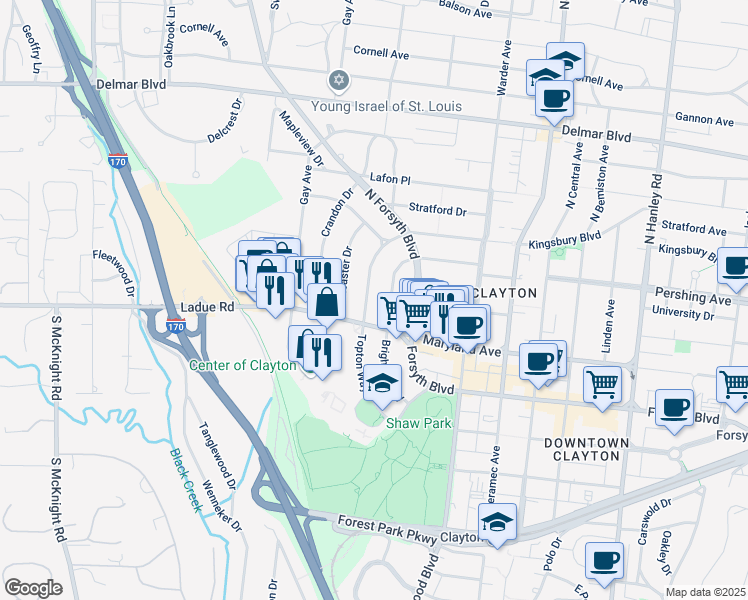 map of restaurants, bars, coffee shops, grocery stores, and more near 114 Topton Way in Clayton