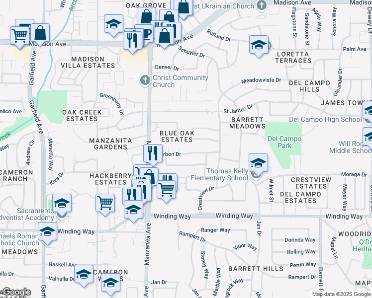 map of restaurants, bars, coffee shops, grocery stores, and more near 6019 Bourbon Drive in Carmichael