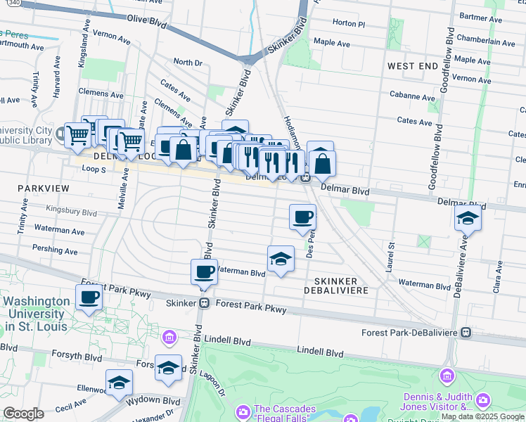 map of restaurants, bars, coffee shops, grocery stores, and more near 6117 Westminster Place in St. Louis
