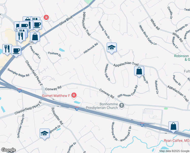 map of restaurants, bars, coffee shops, grocery stores, and more near 1374 Regency Estates Court in Chesterfield