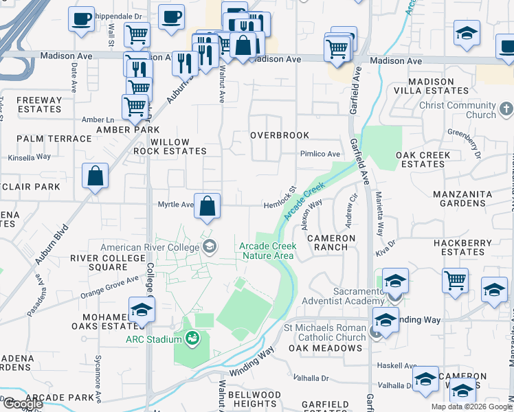 map of restaurants, bars, coffee shops, grocery stores, and more near 6000 Myrtle Avenue in Sacramento