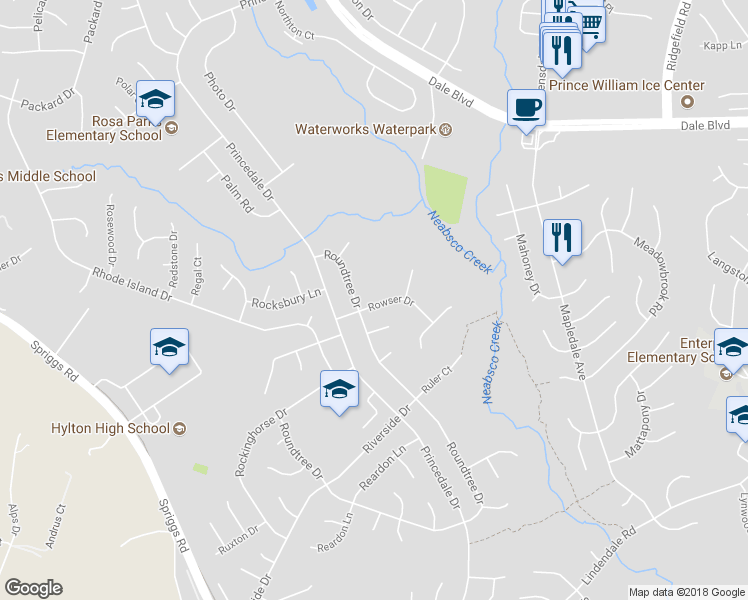 map of restaurants, bars, coffee shops, grocery stores, and more near 5650 Rowser Drive in Woodbridge