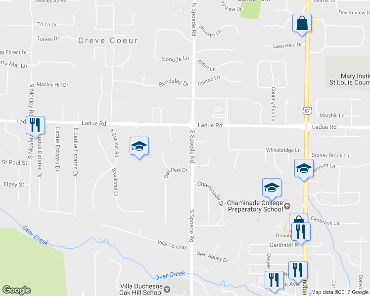 map of restaurants, bars, coffee shops, grocery stores, and more near 105 South Spoede Road in Creve Coeur