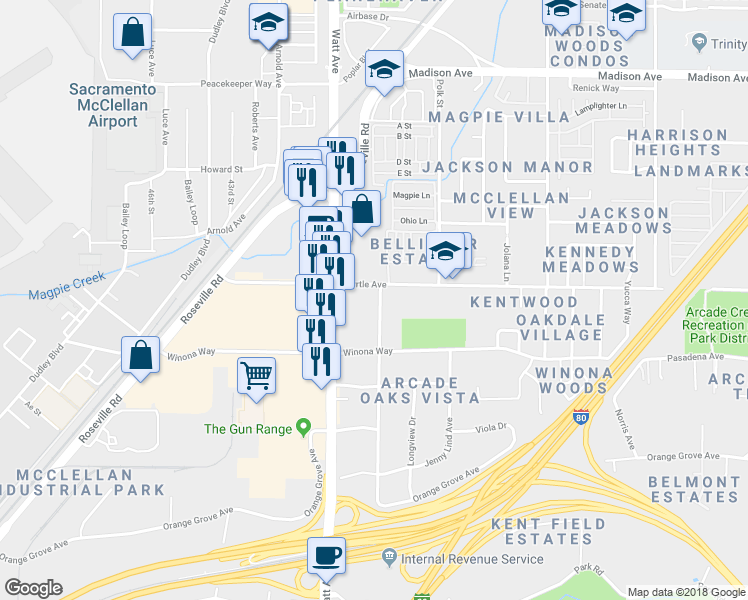 map of restaurants, bars, coffee shops, grocery stores, and more near 4831 Palomino Lane in North Highlands
