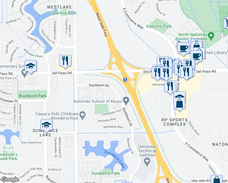 map of restaurants, bars, coffee shops, grocery stores, and more near 480 Penhow Circle in Sacramento