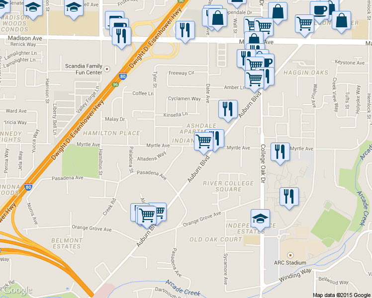 map of restaurants, bars, coffee shops, grocery stores, and more near 4857 Pasarobles Drive in Sacramento