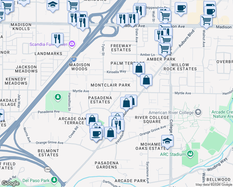 map of restaurants, bars, coffee shops, grocery stores, and more near 4857 Pasarobles Drive in Sacramento
