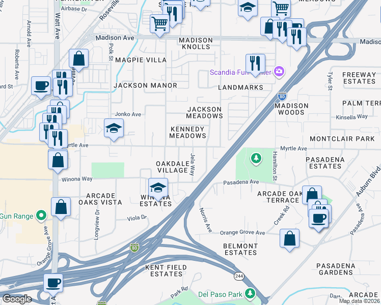 map of restaurants, bars, coffee shops, grocery stores, and more near 4832 Jela Way in North Highlands